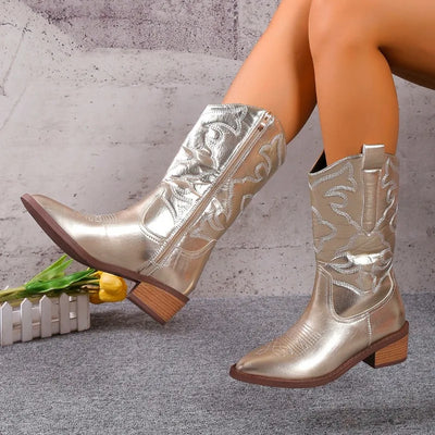 2024 Women's Cowboy Boots Embroidered Pointed Toe Thick Heel Ankle Western Boots Silver Tassel Cowgirl Women's Boots Zapatos