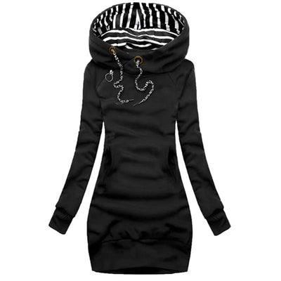 Hoodie Dress Casual Solid Colour Long Sleeve Drawstring Hoodie Dress Slim Hooded Pullover Sweatshirt Dress