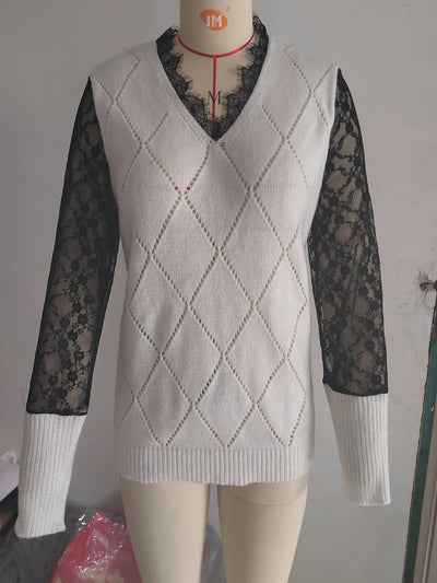 Spring and Autumn Checkered Women's Shirt with Knitted Patchwork Lace Base Sexy V-neck Fashionable and Versatile Long Sleeved