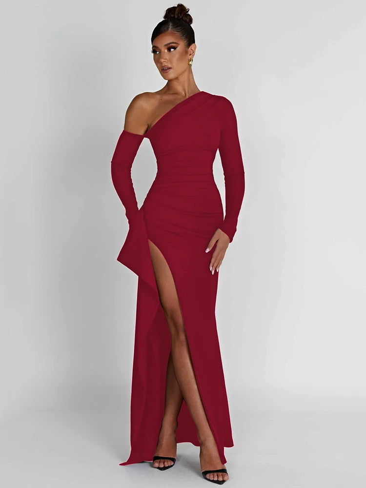 Mozision Oblique Shoulder Thigh High Split Maxi Dress Women Long Sleeve Backless Bodycon Sexy Club Party Long Dress Vestidos