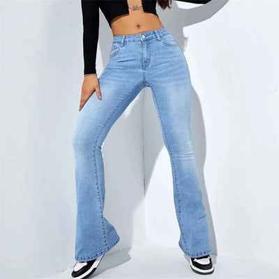 Fashion Women Commuter Slim Fit Jeans Mid Waist Micro Flared Denim Trousers Washable Floor-length Pants Female Casual Streetwear