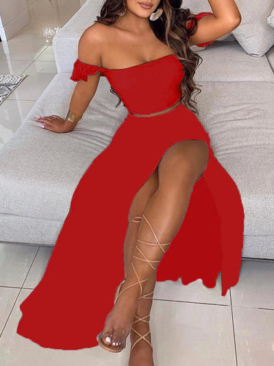 2-Piece Boho Chic Ensemble Off-Shoulder Smocked Tube Top&Floral High-Waist Split Maxi Skirt Summer Women Casual Wear Dress Sets