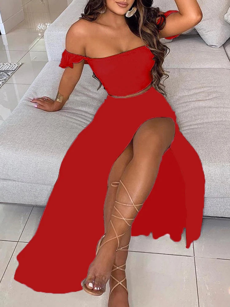 2-Piece Boho Chic Ensemble Off-Shoulder Smocked Tube Top&Floral High-Waist Split Maxi Skirt Summer Women Casual Wear Dress Sets