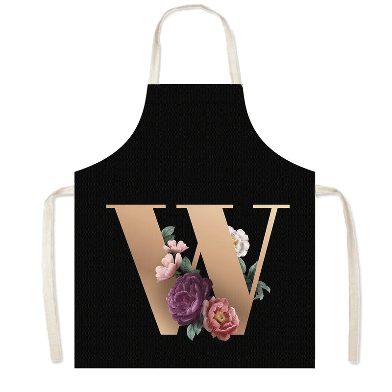 26 Initials Flower Print Kitchen Apron A-Z Letter Women Cooking Aprons BBQ Chef Waiter Home Baking Cleaning Tool Pinafore