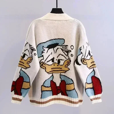 Disney Knitted Cardigan Japanese Donald Cartoon Sweaters for Women Coat Female Autumn and Winter Loose Wild Thicken Kawaii Tops