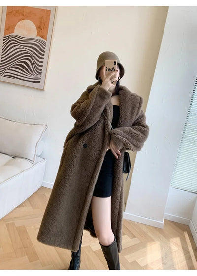 Milk White Teddy Coat Silhouette Alpaca Fur Medium Long Teddy Fur Coat for Women