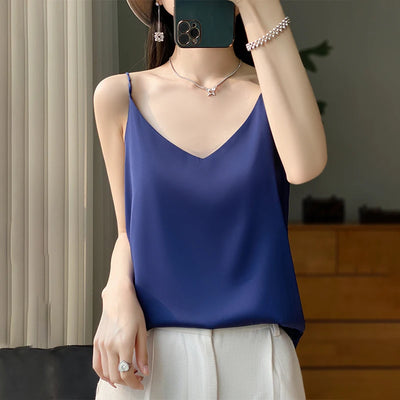 Women's Sexy Top Halter V-Neck Underwear Basic Sleeveless Satin Silk Vest Sexy Comfortable Silky Lingerie Halter Top-D01