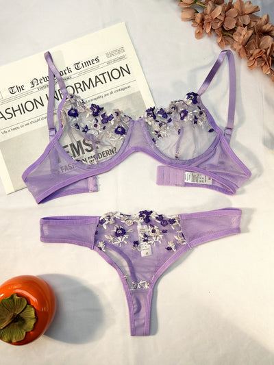 Purple Sexy Lingerie Woman Lace Transparent Underwear Fairy Embroidery Brief Sets Delicate Bra Panties Kits Erotic Breves Sets