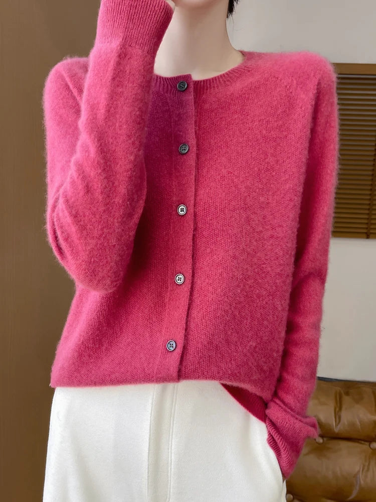 Autumn Winter Women 100% Merino Wool Sweater O-Neck Solid Color Cardigan Long Sleeve Clothing Cashmere Knitwear Bottoming Tops