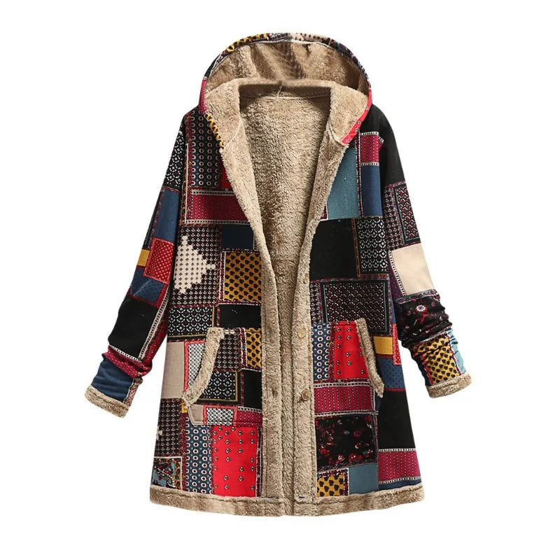 2023 Winter Vintage Women Coat Warm Printing Thick Fleece Hooded Long Jacket with Pocket Outwear Loose Jackets шерстяное пальто