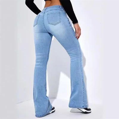 Fashion Women Commuter Slim Fit Jeans Mid Waist Micro Flared Denim Trousers Washable Floor-length Pants Female Casual Streetwear