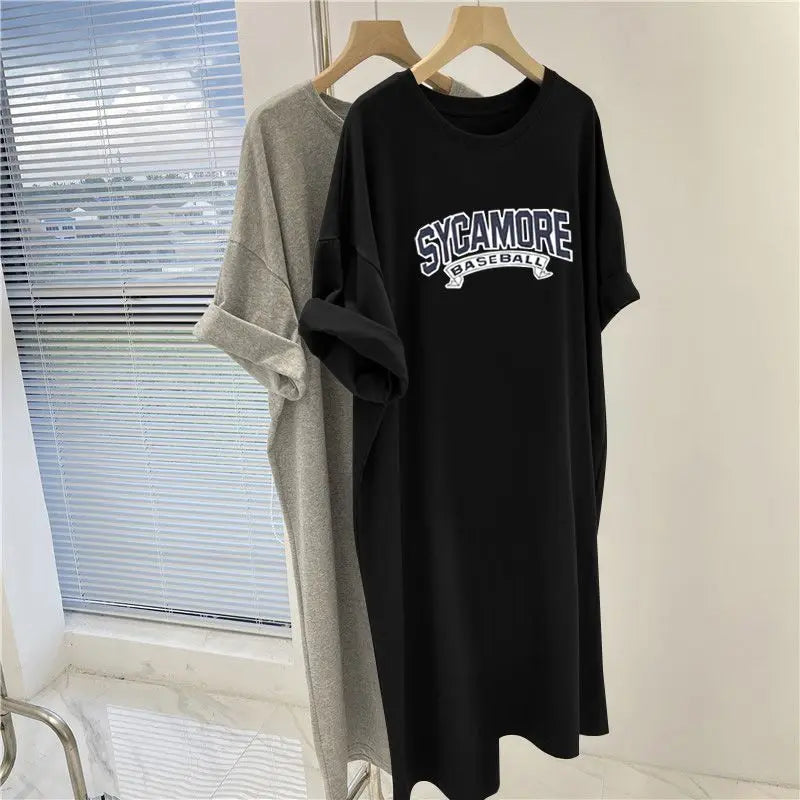 Summer Letter Printed Casual Loose Dress Wommen Clothing O-neck Chic Simple All-match Midi Dresses Pullover Cotton Tunic