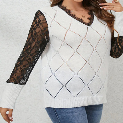 Spring and Autumn Checkered Women's Shirt with Knitted Patchwork Lace Base Sexy V-neck Fashionable and Versatile Long Sleeved