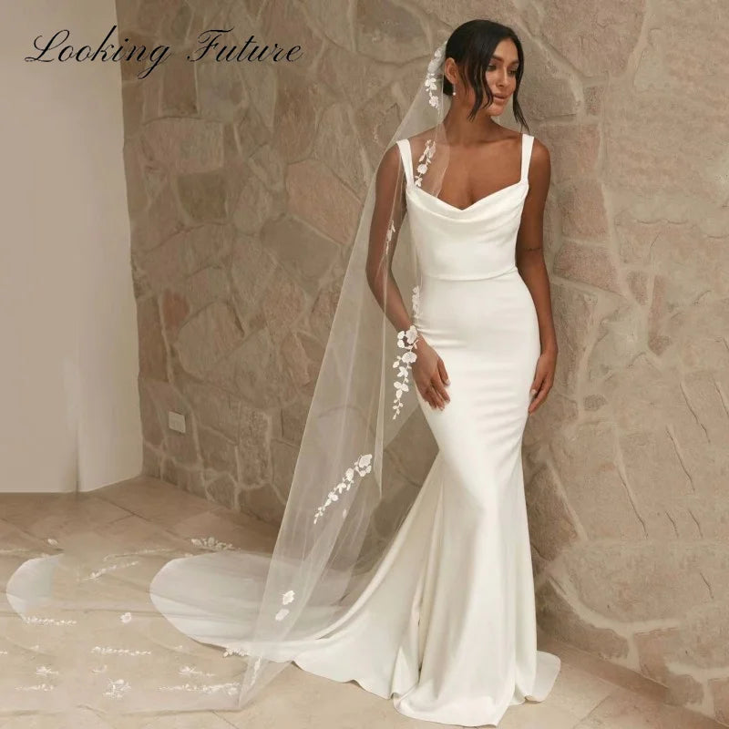 Customized Elegant Mermaid White Wedding Dress Square Collar Spaghetti Strap Bride Gown Illusion Backless With Button Robe 2025