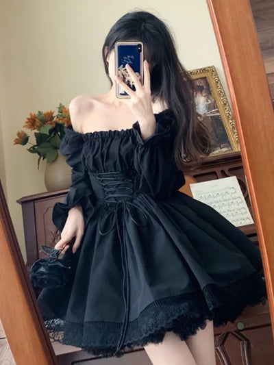 2024 Spring New Sweet and Fashionable Womens Princess Cute Lolita Hepburn Style Little Black Dress Square Neck Tie Slimming AQW7