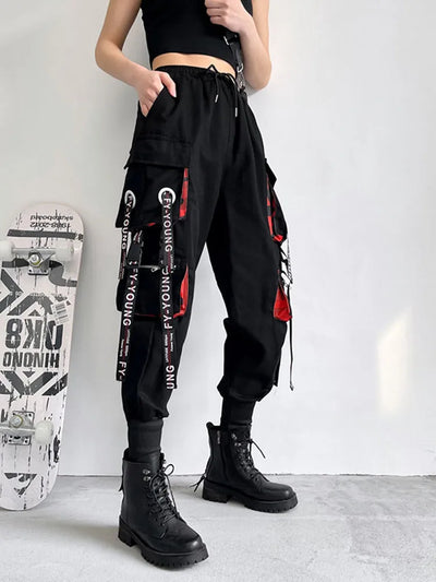 Emo Cargo Pants Women Aesthetic Harem Pants Punk Pockets Joggers Harajuku Femme Hiphop Trousers Techwear Y2k Egirl Clothes 2023