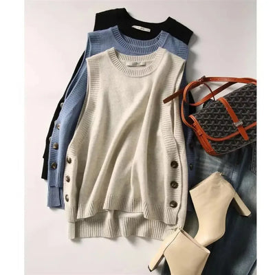 Fashion knit sweater vest College style under three-button solid color crew neck casual all-match pullover sweater for women