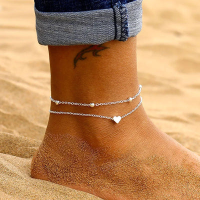Gold Silver Color Chain Multilayer Anklets Women Beads Anklet Leg Chain Ankle Bracelets Beach Foot Jewelry Accessories
