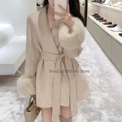 Winter New Loose Fit Lazy Style Chic Fashion V-neck Blend Coat for Women Wide Sleeves Outwear Stripes Female Wool Coat