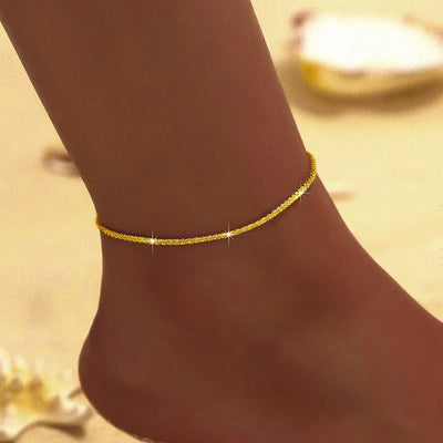 LATS Shiny Sparkling Simple Anklet for Women Gold Silver Color Elegant Jewelry Female Beach Ankle Bracelet on Foot Party Gift