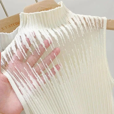 Hollow Out Gauze Tank Top Turtleneck Elegant Sleeveless Design Slim Camis Knitting Solid Chic Corset Women's Tube Top