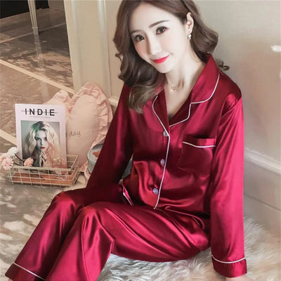 Couple Pajamas Set Sexy Ice Silk Satin Sleepwear Long Sleeve Pijama Female Home Suit Soft Loungewear Sleepsuit Winter Nightwear