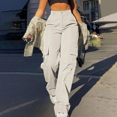 Women's Loose Cargo Pants High Waist Wide Leg Solid Color Full Length Trousers with Pockets Casual All Seasons Long Pants
