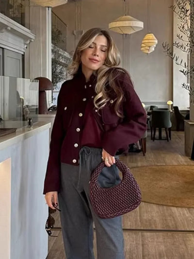 Women's Elegant Burgundy O Neck Long Sleeve Coat Fashion Single Breasted Pockets Jacket 2024 Autumn Office Ladies Street Outwear