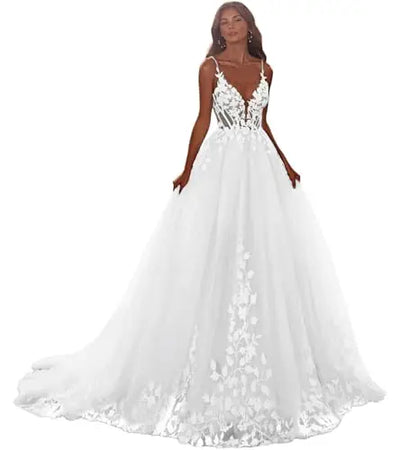 Elegant V-neck Wedding Dresses Spaghetti Straps Appliques Corset Boho Tulle Bridal Gown Lace Floor Length Vestidos De Novia