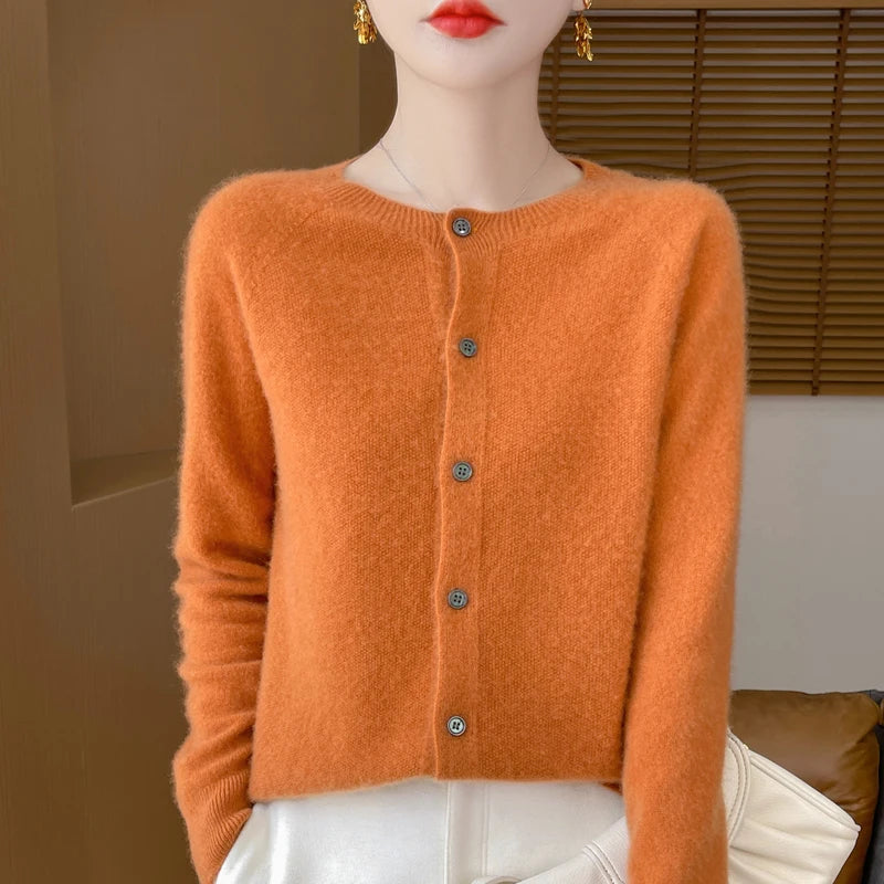 Autumn Winter Women 100% Merino Wool Sweater O-Neck Solid Color Cardigan Long Sleeve Clothing Cashmere Knitwear Bottoming Tops