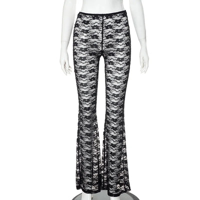 Horn Wide Leg Pants Small Floral Lace Pants Versatile High Elasticity Perspective Casual Pants