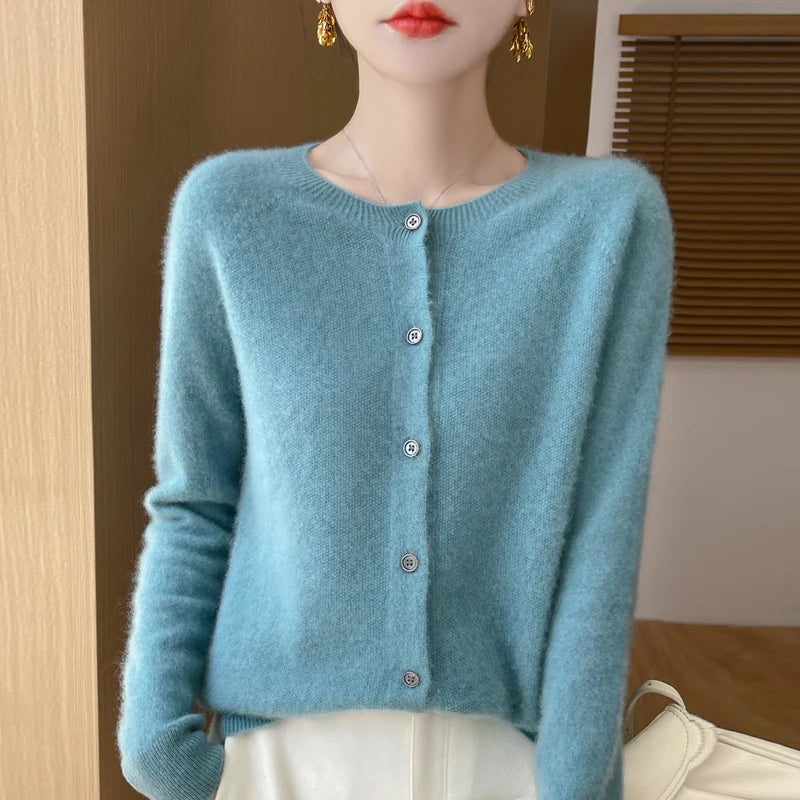 Autumn Winter Women 100% Merino Wool Sweater O-Neck Solid Color Cardigan Long Sleeve Clothing Cashmere Knitwear Bottoming Tops