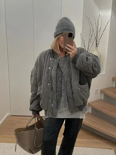 Quilted Single Breasted Grey Women's Cotton Jacket Casual Pocket Stand Collar Long Sleeved Coats Fall Winter Commuting Outerwear