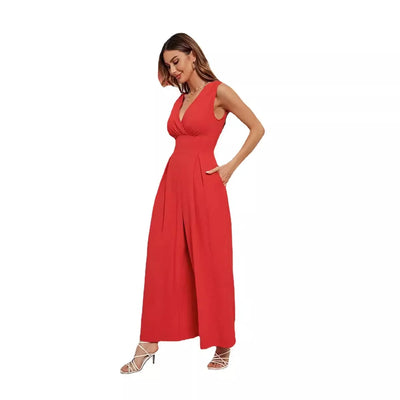 2025 Summer Women's Commuter Sleeveless Fashion V-neck Waist Sleeveless Jumpsuit