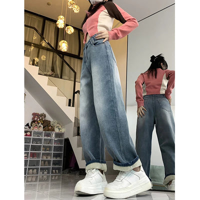 Winter Warm Women Jeans Fashion Slim Thicken Fleece Pants High Waist Elastic Skinny Velvet Plus Length Female Denim Trousers