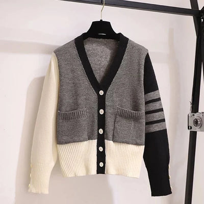 College style contrasting color long sleeved knitted cardigan jacket, 2024 autumn new item, niche slimming loose sweater