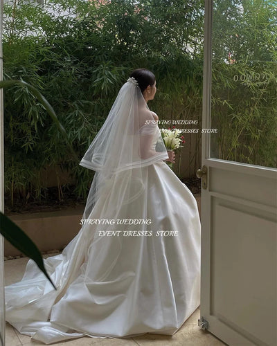 SPRAYING Korean Wedding Photography Customized Simple Off the Shoulder Satin Wedding Dress Floor-Length Long Corset Wedding Robe