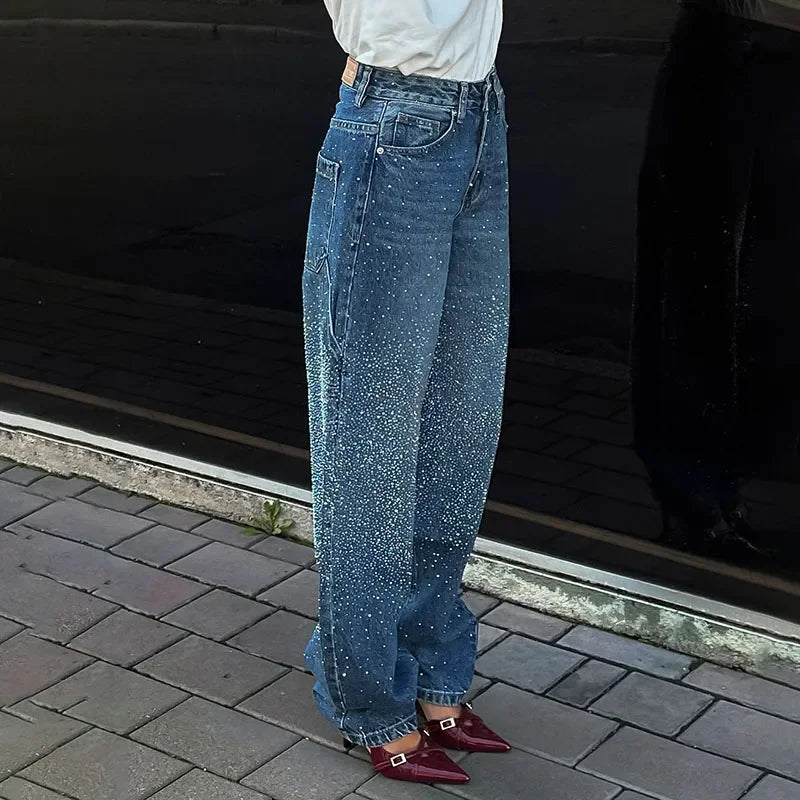 Gradient Blue Women Jeans With Rhinestone Casual High Wait Wide Legs Pockets Denim Pant 2025 Spring Chic Street Trousers Lady