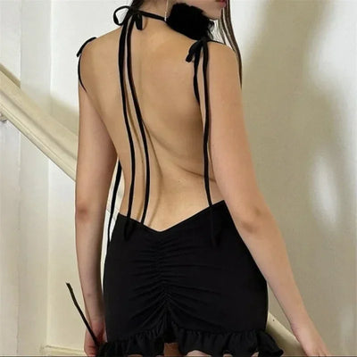 Summer Sexy Mini Dress Women Sleeveless Streetwear Strap Backless Bodycon Folds Split Dress Party Club Elegant A-LINE Dresses