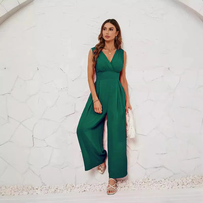 2025 Summer Women's Commuter Sleeveless Fashion V-neck Waist Sleeveless Jumpsuit
