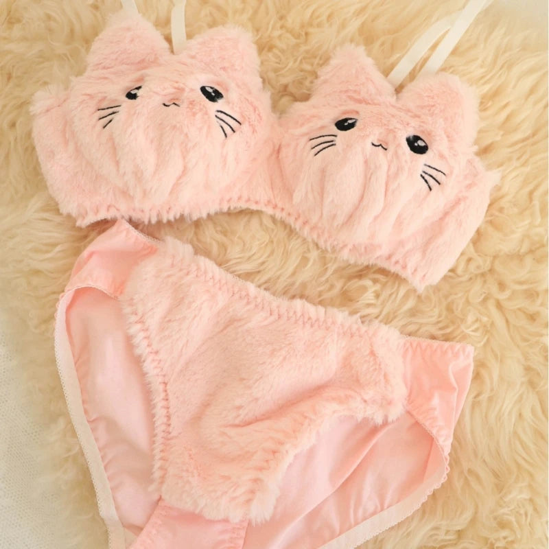 Funny Cats Underwear Set Faux Furs Bra Top and Panty Plush Lingerie Set Cartoon Lovely Bra Set Holiday Gifts for Womens