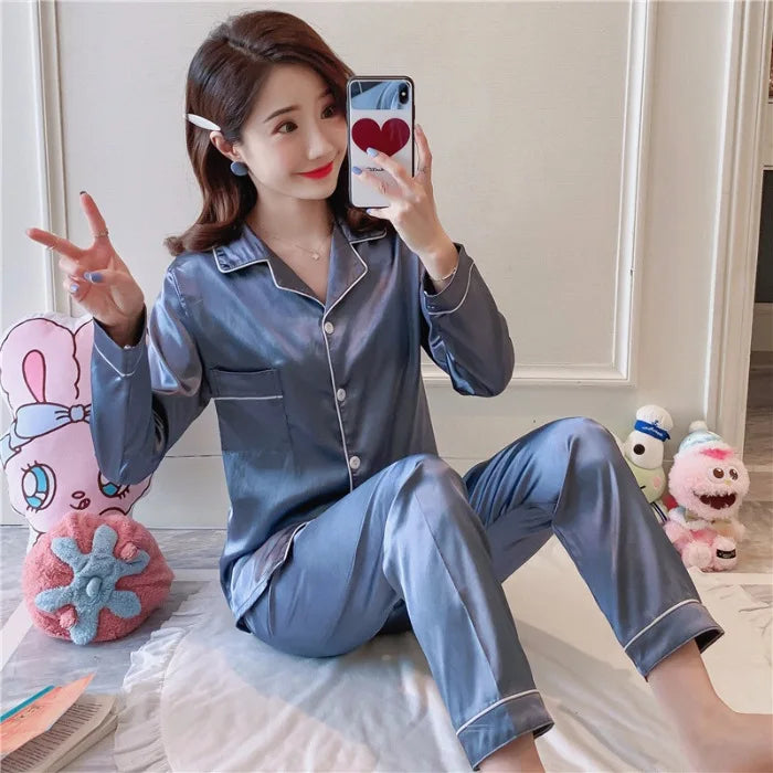 Plus Size Ice Silk Pajamas Women Long-Sleeved Solid Colour Loose 5xl Home Wear Ladies Comfortable Sleepwear 2PCS Set Nightwear