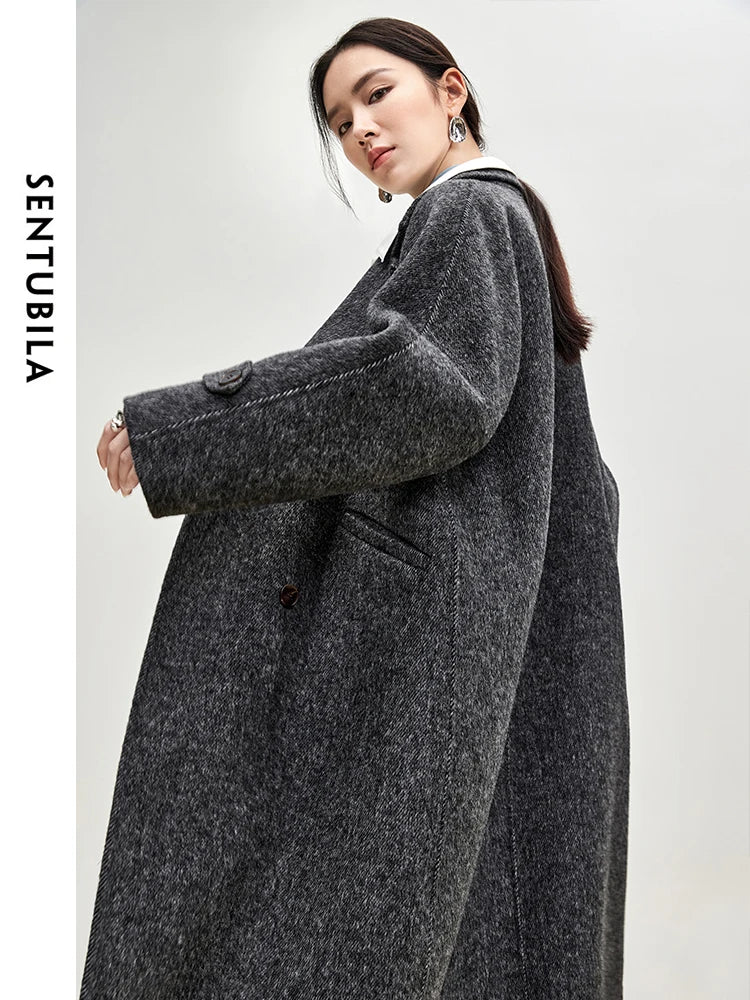 SENTUBILA Long Woolen Coats for Women Outerwear 2024 Winter Luxury Warm Straight Double Breasted High Quality Overcoat W44O56042