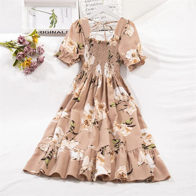 Spring Summer Chiffon Dresses Fashion Female Elastic Waist Short Sleeve Pleated Casual Dress Women A-line Dresses Vestidos