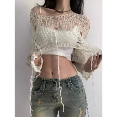 Sexy White Slash Neck Grunge Knitted Women's Sweater Hole Ripped Pullover Crop Top Harajuku Hollow Out Fashion Summer Jumpers