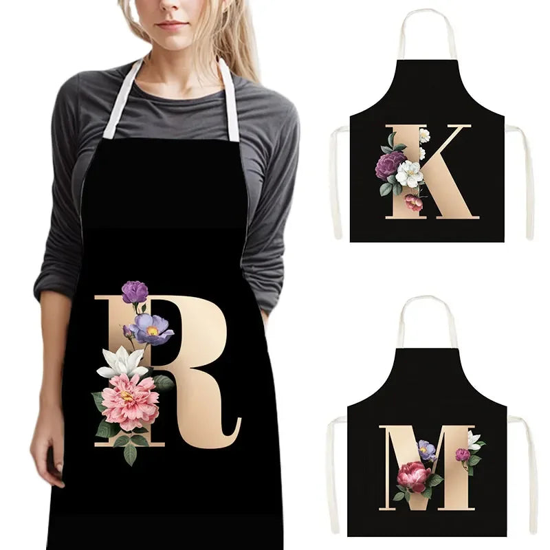 26 Initials Flower Print Kitchen Apron A-Z Letter Women Cooking Aprons BBQ Chef Waiter Home Baking Cleaning Tool Pinafore