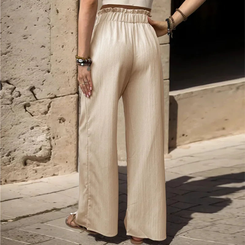 Fashion Vintage Striped Trousers Summer Women New Frenulum Ruffles Elastic Waist Bow Casual Loose Wide Legs Office Lady Trousers