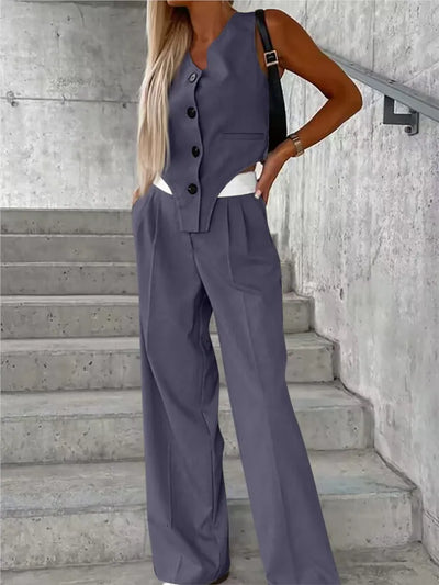 Women's Wide Leg Pant Suits V Neck Button Tanks Tops Pocket Loose Pants Outfits Two Piece Set For Women Irregular 2 Pcs/set 2025
