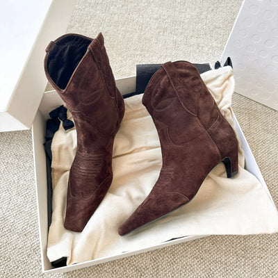 Embroidered Square Toe Cat Heel Western Cowboy Boots Woman Winter 2024 Slip-On Shaped Heel Slim Boots Fashion Shoes for Women