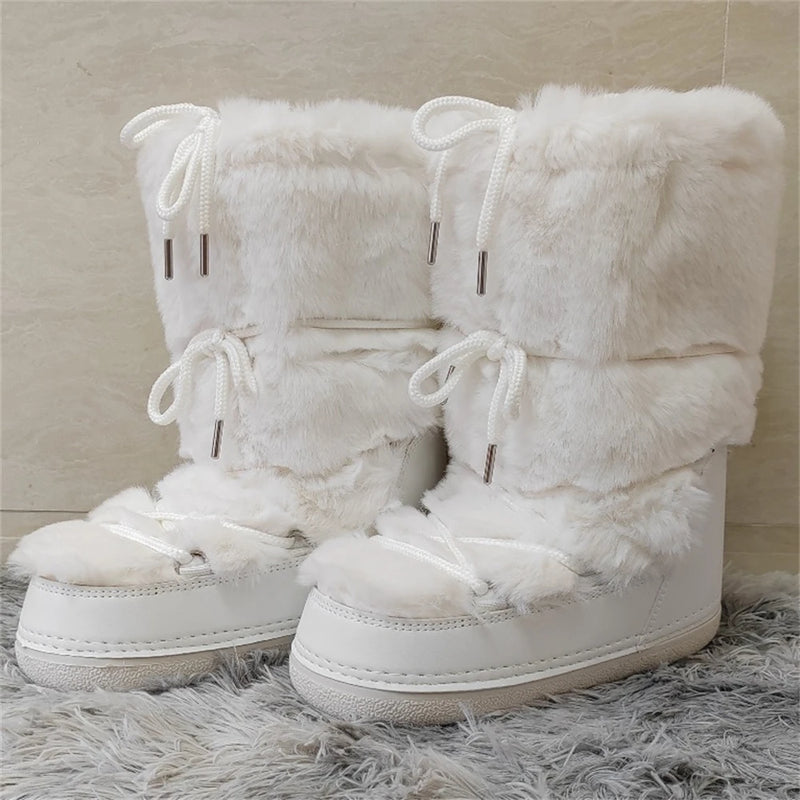 Faux Fur Boots for Women Warm Comfortable Woman Ski Boots 2024 Winter Middle Claf Lace-up Waterproof Platform Snow Boots Black